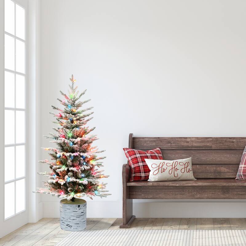 Puleo International 4.5 ft. Pre-Lit Potted Flocked Arctic Fir Artificial Christmas Tree