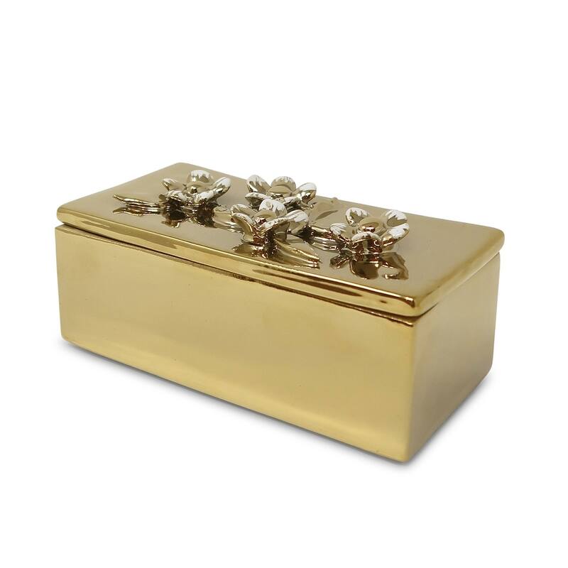 Oblong Gold Decorative Box With Flower Design Lid