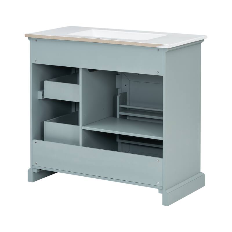 Grey 36-Inch Bathroom Vanity with 2 Tip-Out Drawers, Ceramic Sink, and Painted Finish