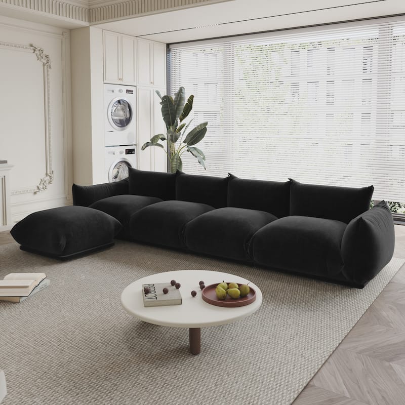 130.7” L-shape Chenille Modular Sofa Modern Sectional Semi-firm Sofa Couch with Ottoman - Black