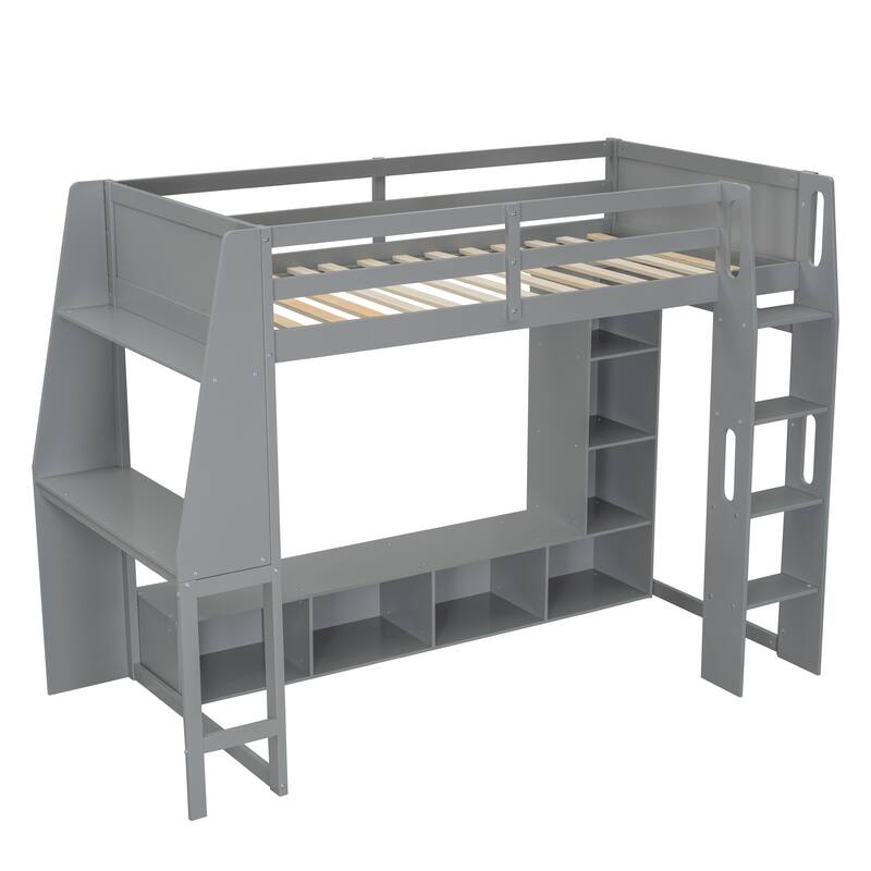 Full/Twin Size Wood Gaming Loft Bed with Desk, LED Lights, Hanging Clothes Rack & Storage Shelves