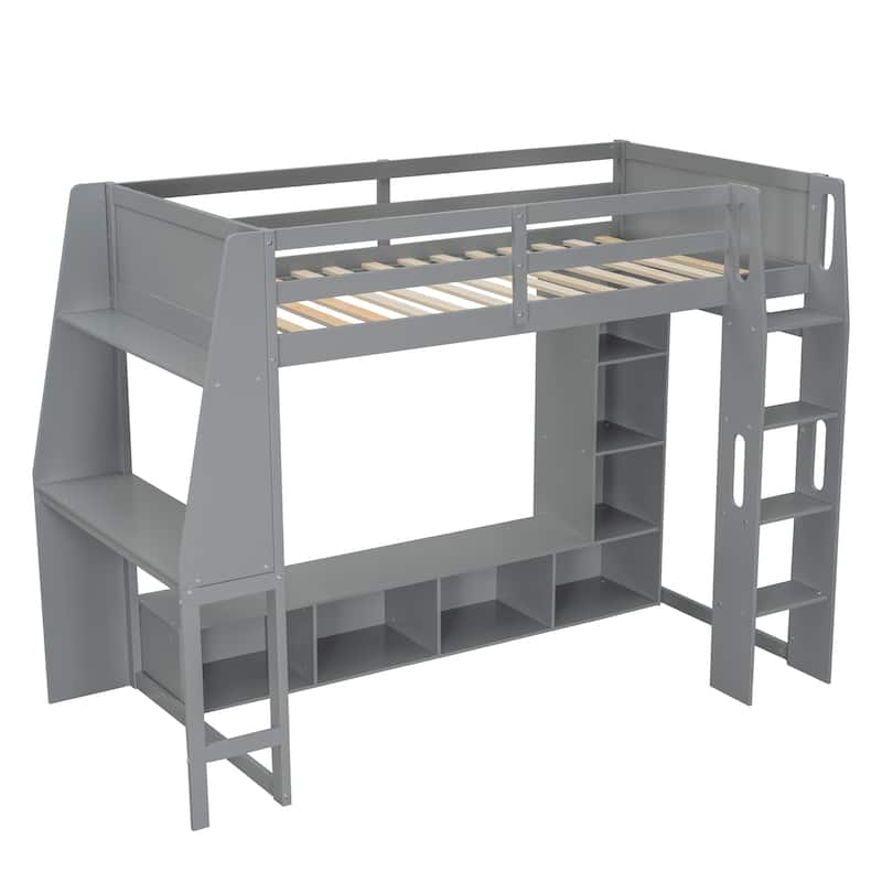 Wood Gaming Loft Bed with LED, Desk, Cabinets, Clothes Rack聽