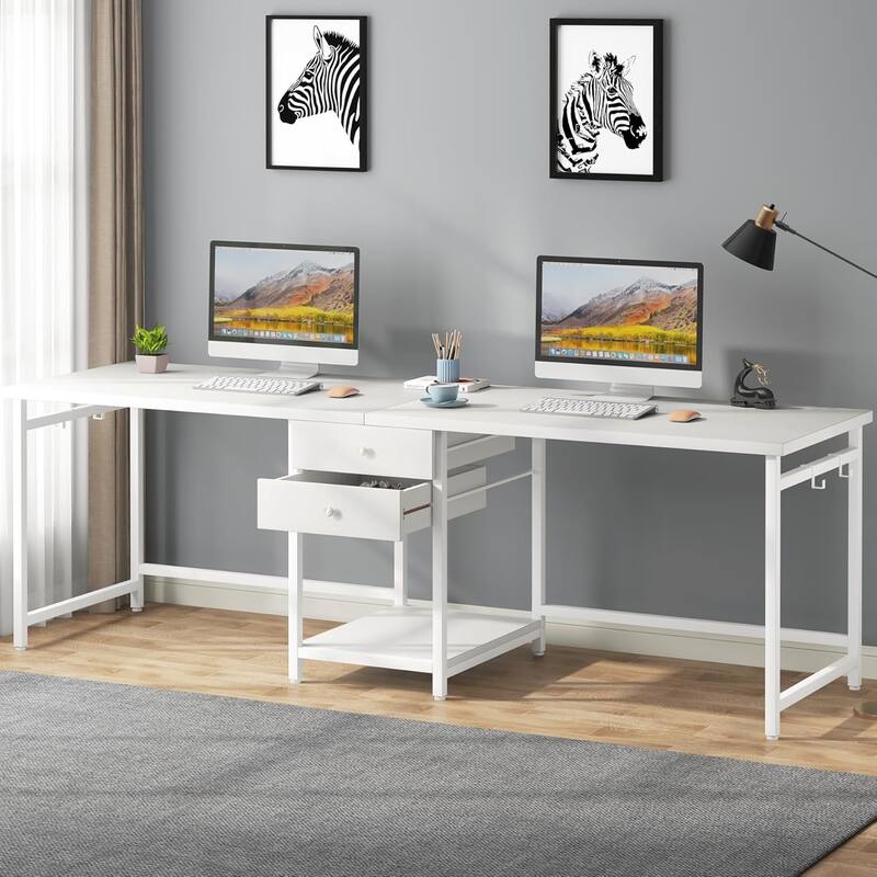 79-Inch Two Person Computer Desk with Drawers and Storage Shelves, White