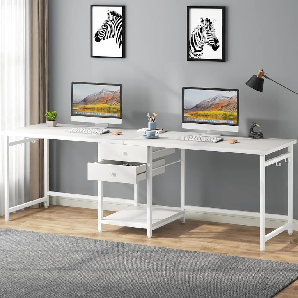 79-Inch Two Person Computer Desk with Drawers and Storage Shelves, White
