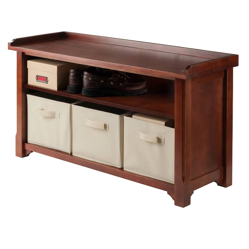 Verona 4-Pc Storage Bench with 3 Foldable Fabric Baskets, Walnut and Beige - 40"W x 14.20"D x 22"H