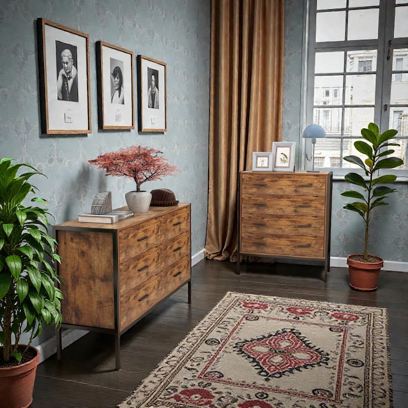 Industrial 4 Drawer Dresser, Rustic Brown Wood Storage Chest with Steel Frame for Bedroom Living Room