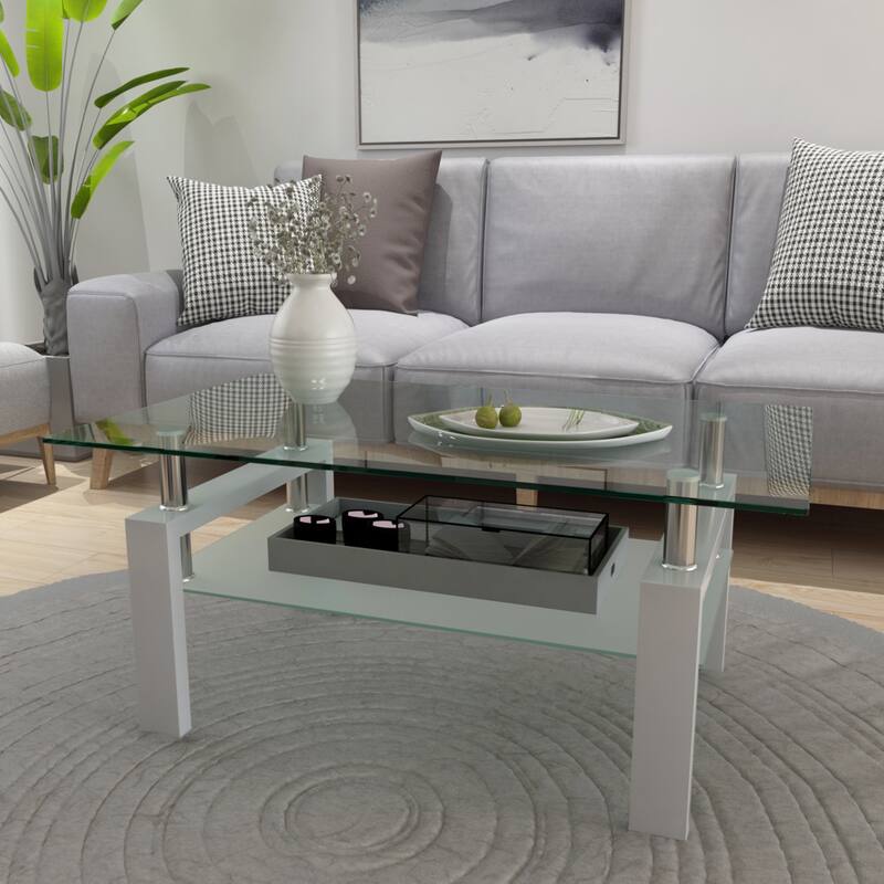 Modern Clear Coffee Table with Metal Base and Storage Shelf