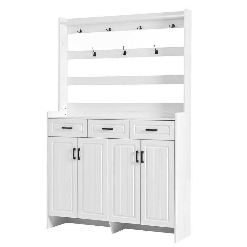 4 Door Shoe Cabinet with Coat Rack, Multi-Functional Shoe Rack with 3 Drawers, 8 Shelves, Entryway Wood Storage Console