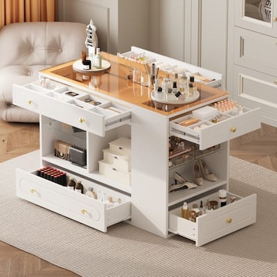 47.30" Glass-Top Closet Island Makeup Vanity with 6 Drawers and Open Shelves