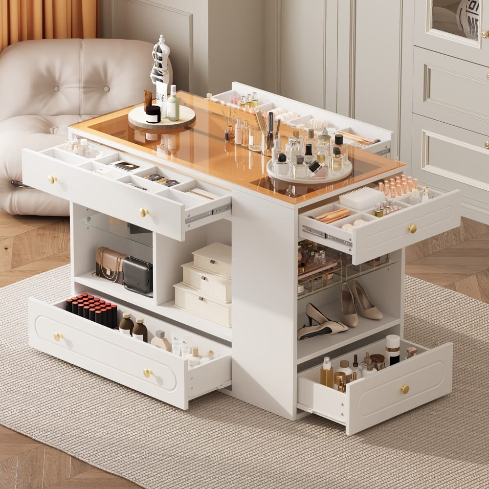 47.30" Glass-Top Closet Island Makeup Vanity with 6 Drawers and Open Shelves