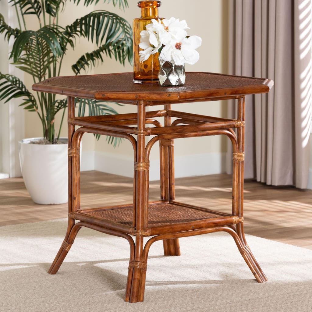 Jayanti Marbled Tortoise Natural Rattan Dining Table - Handwoven Wicker Bistro Table with Open Shelf - Marbled Tortoise Brown