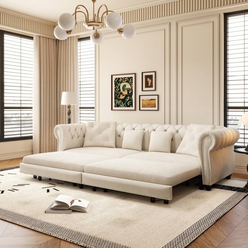 3-in-1 Pull-Out Convertible Sleeper Sofa Bed with Movable Ottoman