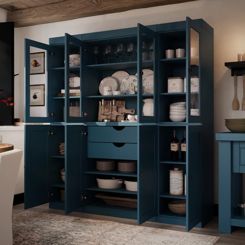 Palace Imports 100% Solid Wood 65" Pantry Cabinet with Clear Glass, Shaker Doors, 2-Drawers and Adjustable Shelves - Teal Blue