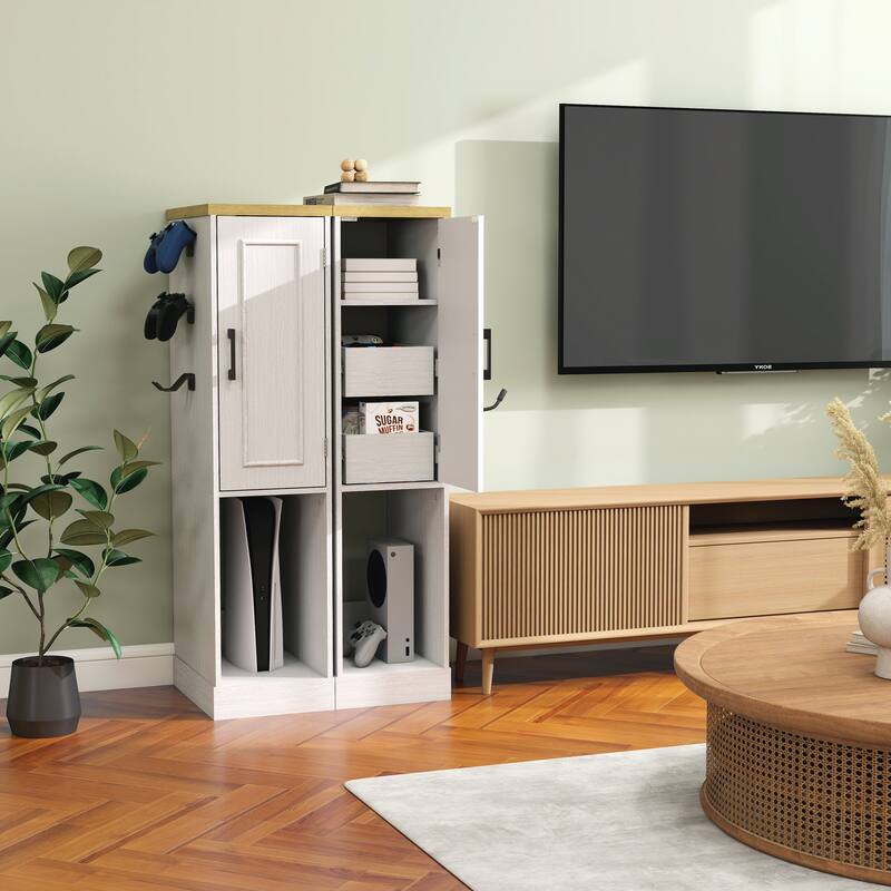 Anmytek Slim Antique White Game Console Storage Cabinet with 2 Drawers & 3 Hooks, AV Media Stand for PS5 Xbox