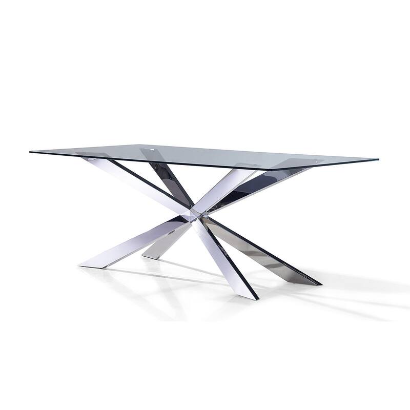 HomeRoots 72" Clear and Silver Glass and Metal Cross Leg Base Dining Table - 72.00 in. x 30.00 in. x 42.00 in.