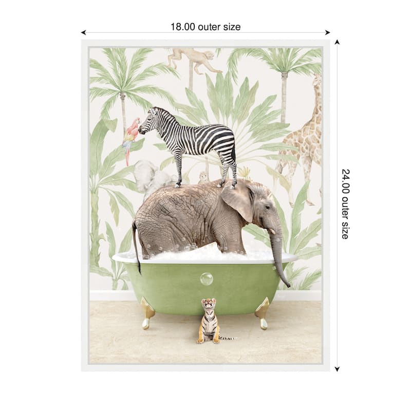 Kate and Laurel Sylvie Zebra Elephant and Weasel in Wild Safari Bathtub Framed Canvas by Amy Peterson