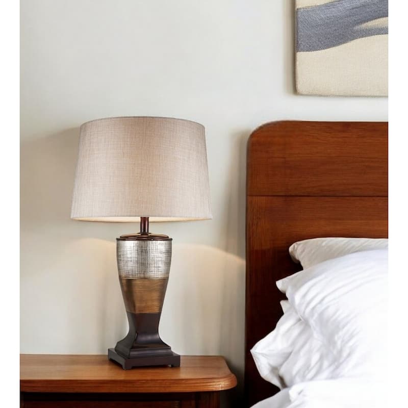 Exotic Brown and Gold Polyresin Urn Table Lamp with Linen Empire Shade 3 Way Switch - 17” x 17” x 30” (D x W x H)