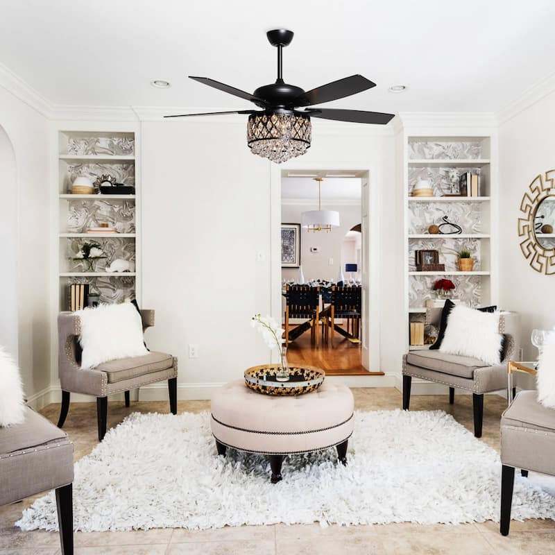 52" Indoor Black Crystal Chandelier Ceiling Fan With Light and Remote - 52"W x 52"D x 17"H