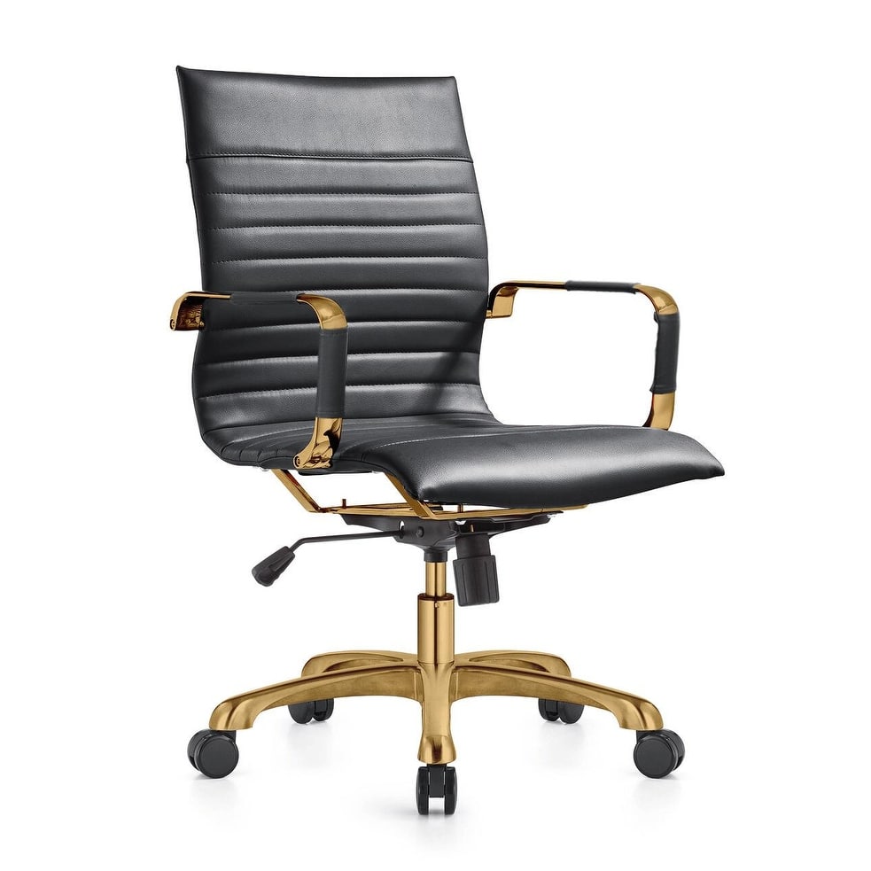 Harris Modern Mid-Back Leather Office Chair with Gold Frame, Padded Seat, Adjustable Height, 360° Swivel and Rolling Casters