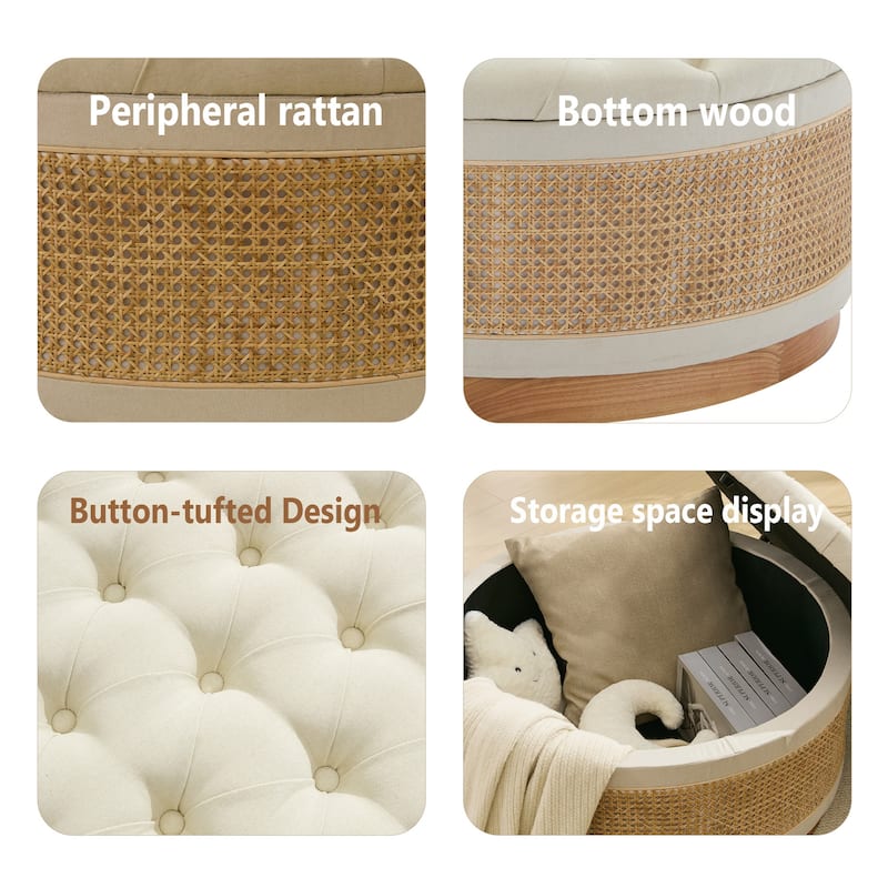 Linen & Rattan Round Storage Ottoman, Button-tufted Upholstery