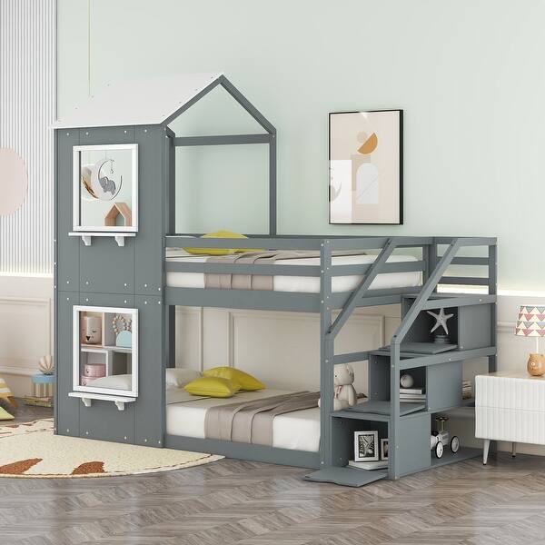 slide 2 of 7, Twin Bunk Bed with Roof, Window, Guardrail, and Storage Stairs, Crafted in Wood Gray