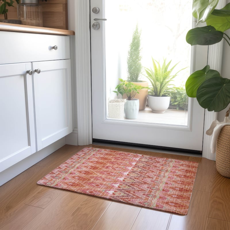 Machine Washable Indoor/ Outdoor Chantille Geometric Boho Rug - Pink - 1'8" x 2'6"