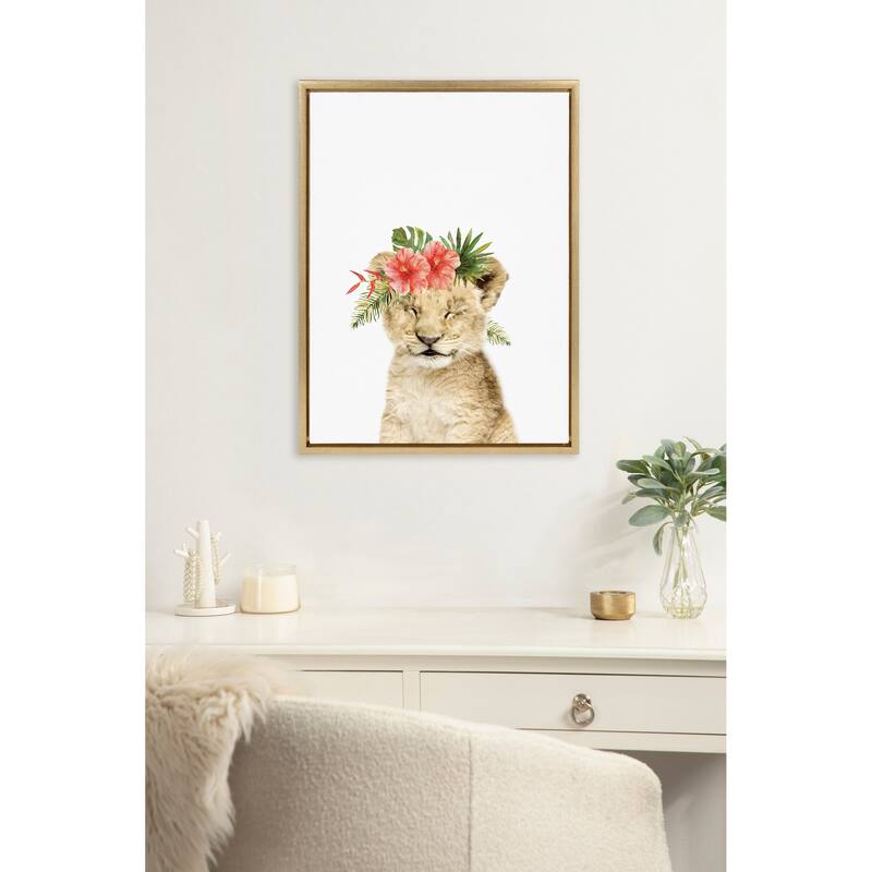Kate and Laurel Sylvie Flower Crown Lion Cub Framed Canvas by Amy Peterson