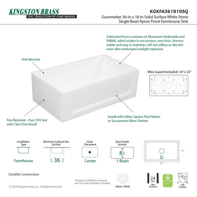 Kingston Brass Arcticstone 36" Farmhouse Single Basin Stone Composite