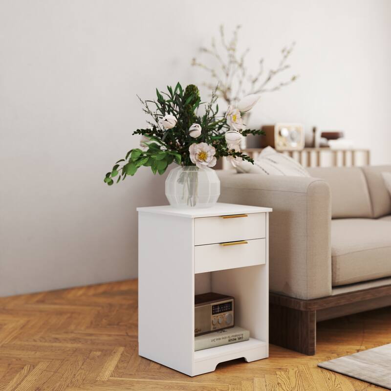 Modern White Nightstand with 2 Drawers, Open Shelf, and Golden Handles for Bedroom or Living Room