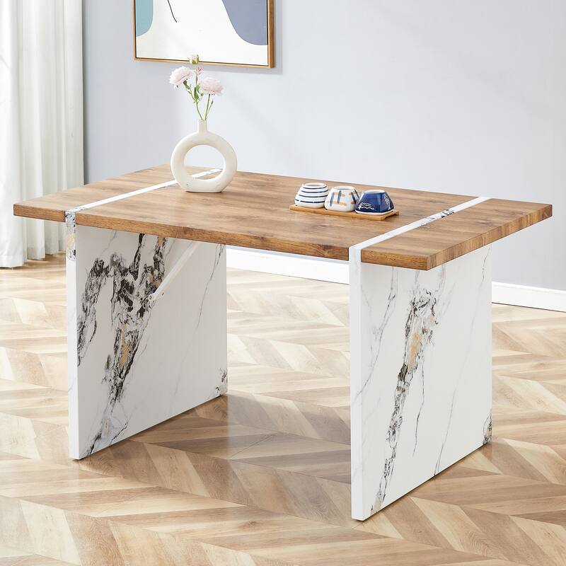 Anmytek 55x31.5" Stylish Modern Farmhouse Square Dining Table with Marble-Style Legs, Seats 4-6 - Brown