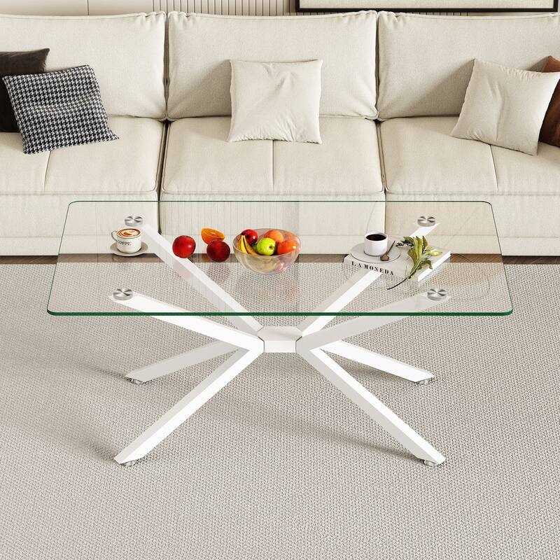 39.37" Rectangle Clear Glass Glass Coffee Table,Stylish Design with White Metal Legs, Coffee Table for Living Room