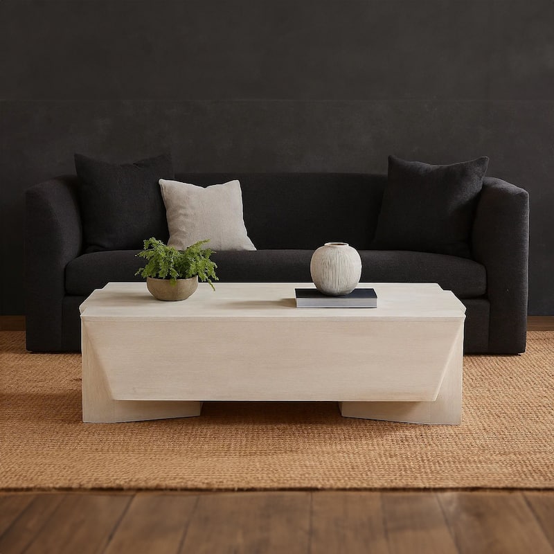 Joanie Coffee Table | 45" Rectangular Biscotti White Handcrafted Mango Wood | Solid Asymmetric Base
