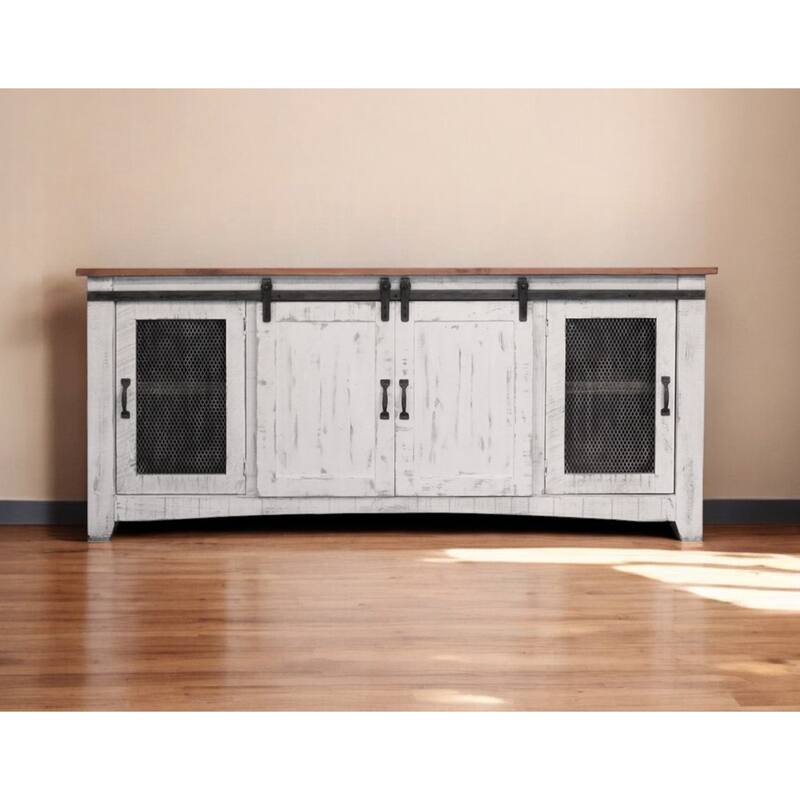 HomeRoots 79" White Solid Wood Cabinet Enclosed Storage Distressed TV Stand - 78.75' X '34.75' X '19 - White - 78.75' X '34.75' X '19