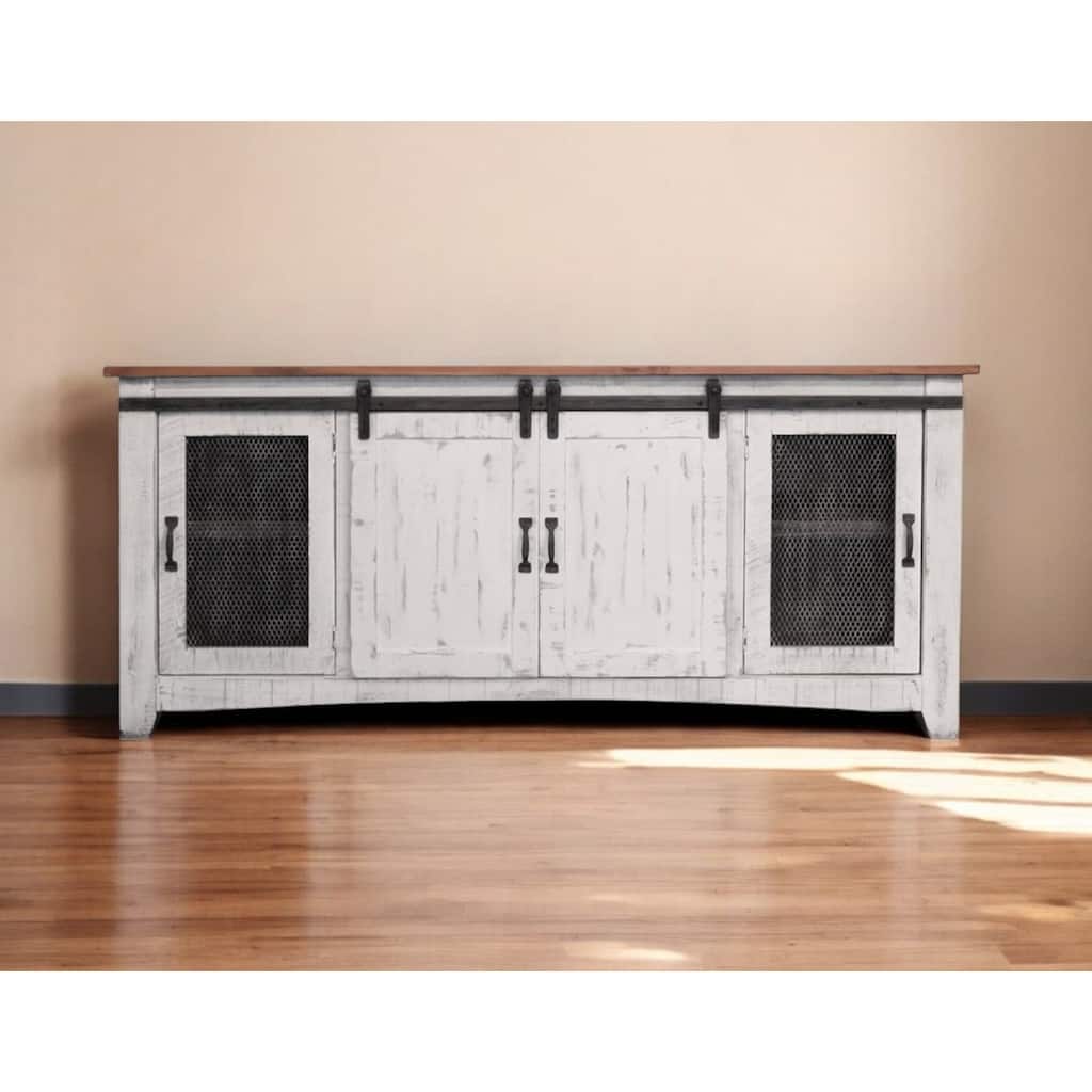 HomeRoots 79" White Solid Wood Cabinet Enclosed Storage Distressed TV Stand - 78.75' X '34.75' X '19