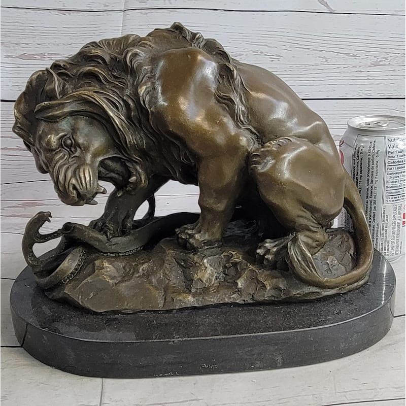 Lion Vs. Imitative Snake Bronze Sculpture Animal Sculpture A. Barye Figurine On Marble Base