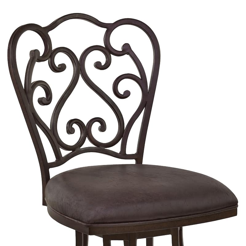 Espresso Fabric Swivel Bar Chair with Scroll Back Design, Iron Frame and Footrest - 19” x 22” x 48” (D x W x H)
