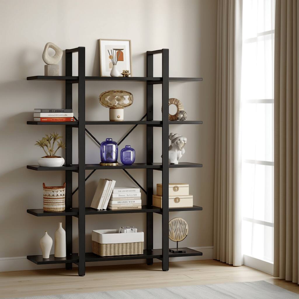 Etagere Bookshelf, 5 Tier Display Shelves, 70 Inch Black Metal Frame