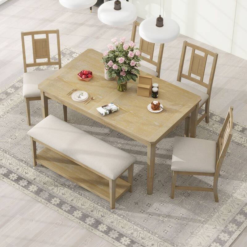 Minimalist 6-piece Dining Set Dining Table and 4 Upholstered Chairs & 1 Bench with a Shelf for Dining Room - Natural