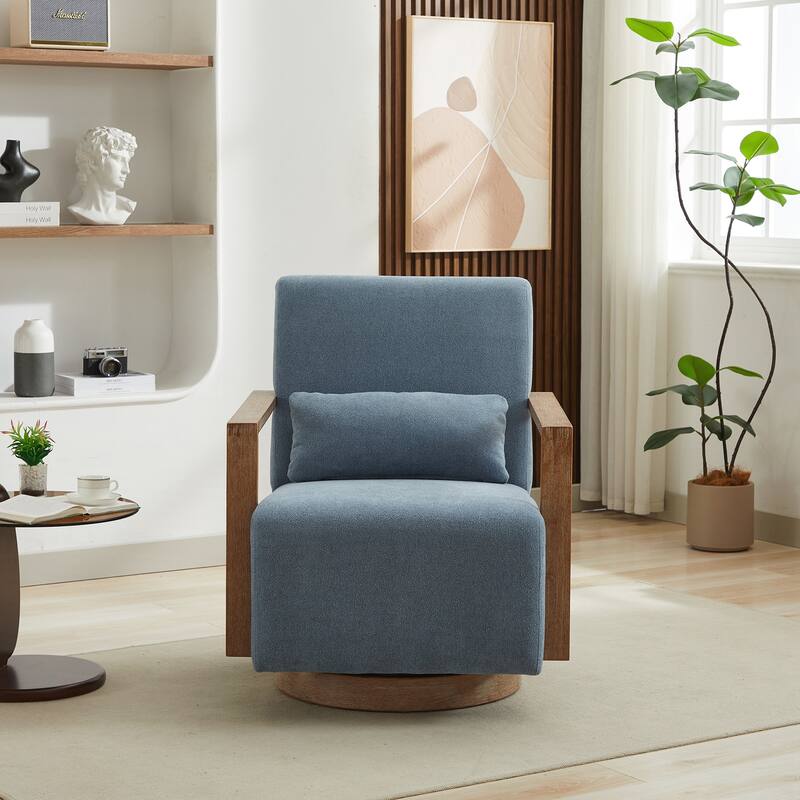 Swivel Modern Upholstered Accent Chair with Solid Wood Armrests and 360 Degree Comfy Lounge Reading Chair - Blue