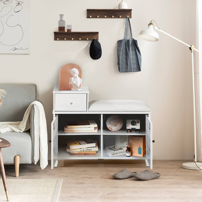 Shoe Storage Bench Cabinet with Fireproof PU Cushion, Double Doors and Movable Drawer Wood