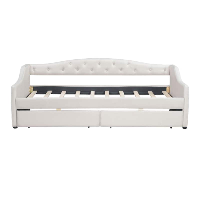 Linen Fabric Daybed Sofa Bed with LED Lights on Both Sides, Upholstered Tufted Platform Bed Frame with Trundle Bed