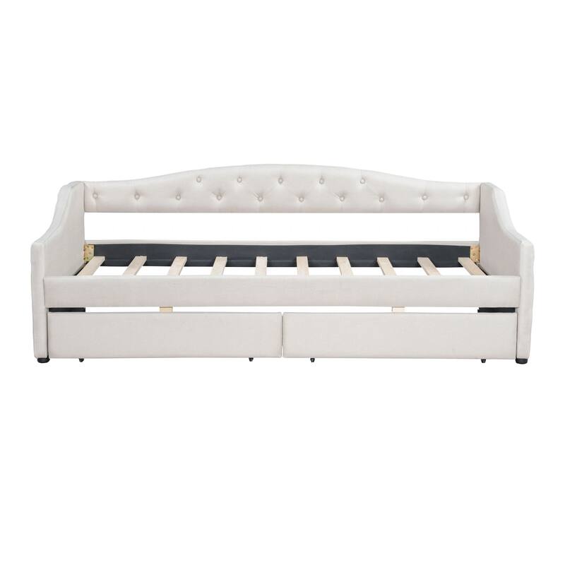 Twin XL Size Daybed with 2 Storage Drawers & LED Light, Linen Upholstered Sofa Bed Frame with Cover Backrest & Solid Wood Slats