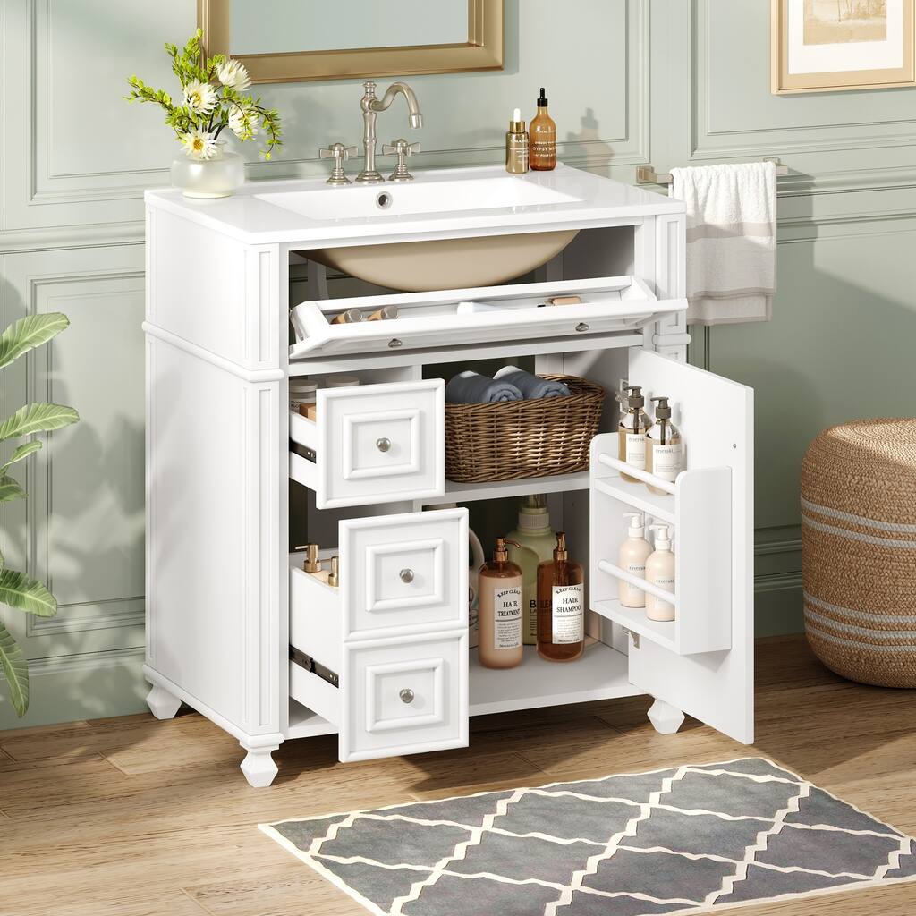 30" Bathroom Vanity with Ceramic Sink, Soft Close Doors and Storage Organizer