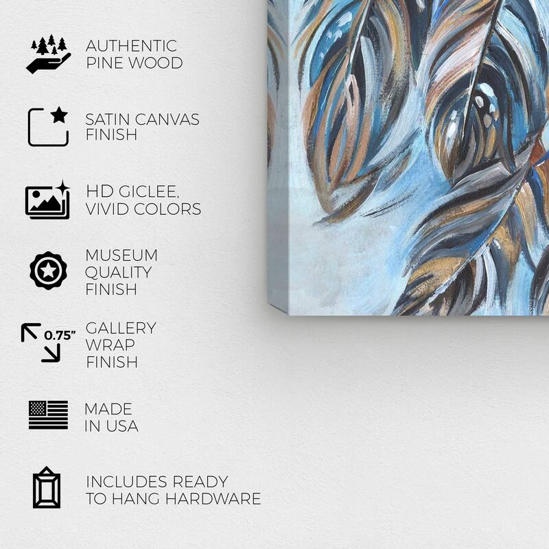 Wynwood Studio Canvas Fashion and Glam Pretty Feathers Blue and Modern & Contemporary Wall Art Canvas Print