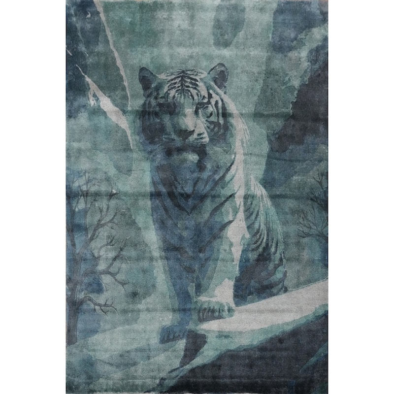 Hand Knotted Oriental Viscose Silk Carpet Modern Animal Pictorial Green Abstract Area Rug - 7' 10'' X 5' 8''