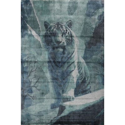 Hand Knotted Oriental Viscose Silk Carpet Modern Animal Pictorial Green Abstract Area Rug - 7' 10'' X 5' 8''