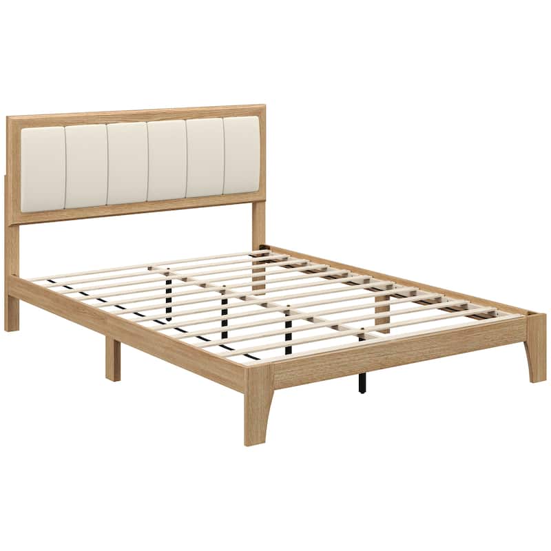 HOMCOM Full Size Bed Frame with Upholstered Headboard, Platform Bed Frame with Wooden Slats