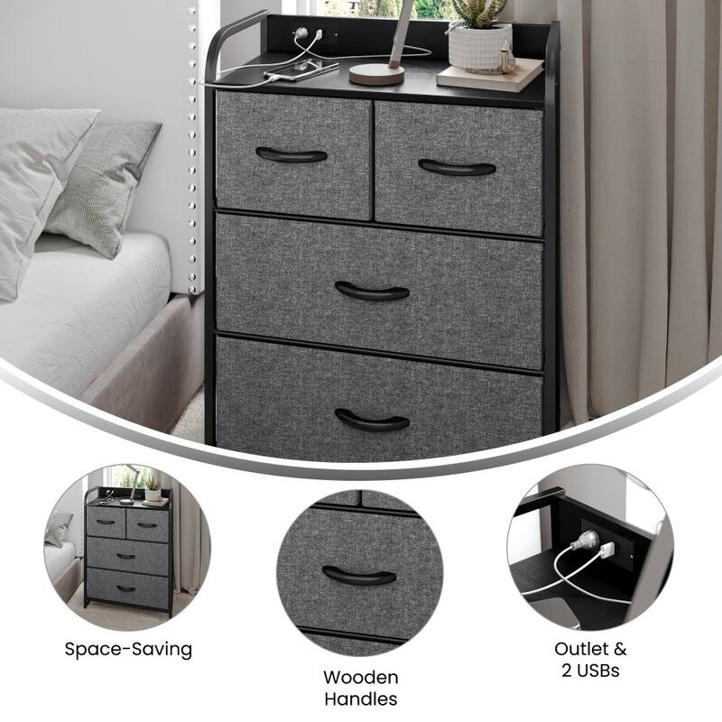 4 Fabric Drawer Nightstand with 2 USB Port/1 Outlet Charging Station