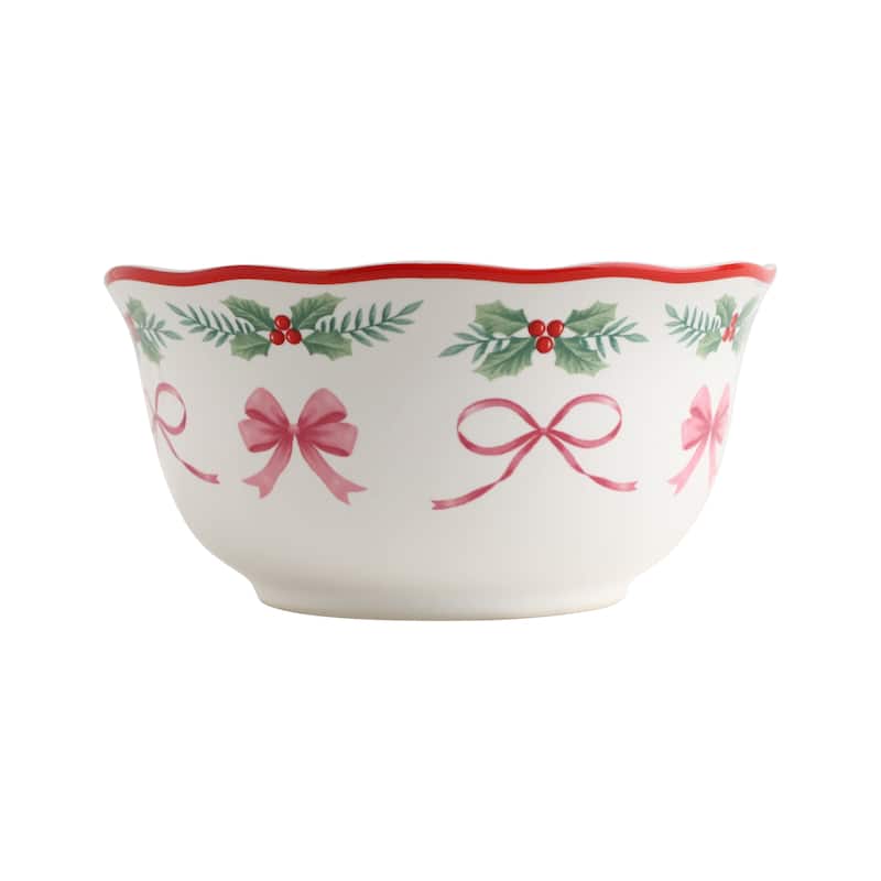 222 Fifth Pinkmas 12-Piece Porcelain Dinnerware Set for 4, White/Pink Christmas Ceramic Dishes