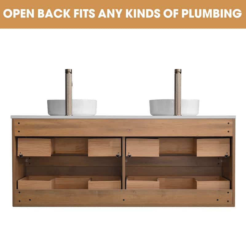 60" Floating Bathroom Vanity Quartz Counter Top with Double Ceramic Vessel Sink